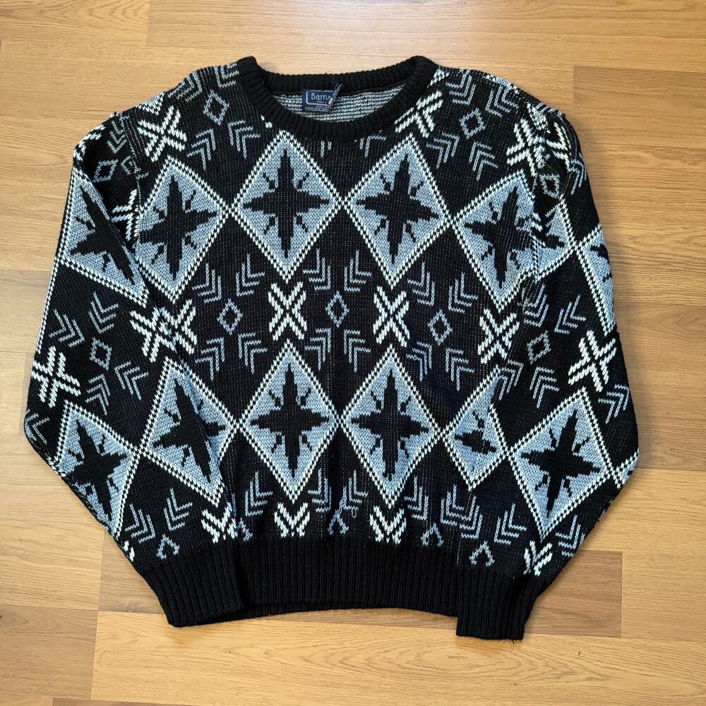 Vintage 90's Barnaby Black Silver Geometric Knit Crewneck Pullover Sweater Sz L